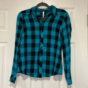 Kensie plaid collar shirt with black lace back, size small